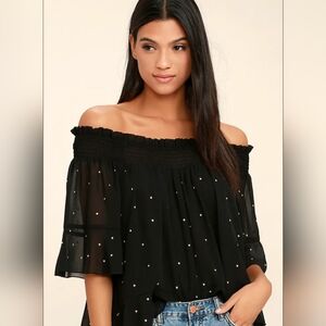 INC International Concepts Black Flutter Sleeve Blouse with Embellishments